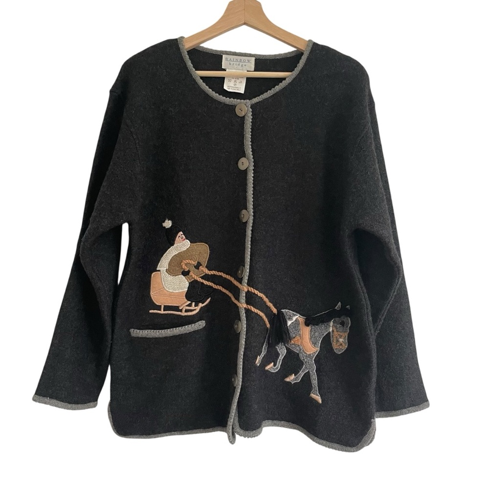Vintage Wool Women’s Sweater Large 80s 90s Horse Felted Embroidered Novelty